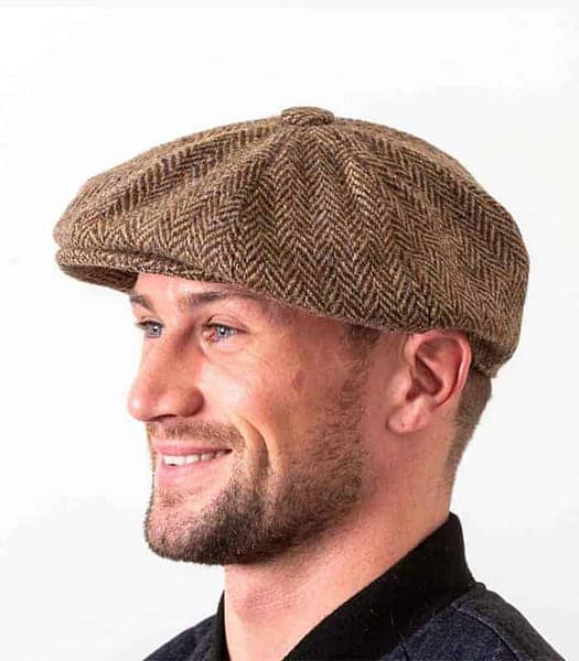 Donegal Tweed Newsboy 8 Panel Cap - Mid Brown Herringbone - Donegal Tweed