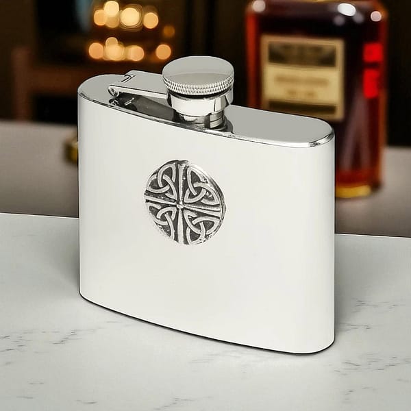 Trinity Knot Hip Flask – 5oz Mullingar Pewter Stainless Steel - Irish Bar/Guinness