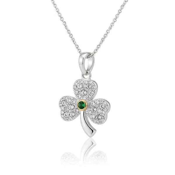 Sterling Silver Shamrock Pendant - Green & White CZ – 18” Chain - Graduation Gifts