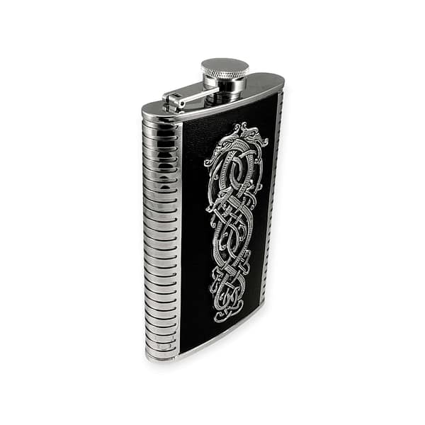 Large Celtic Dragon Leather-Wrapped Irish Hip Flask – 9oz - Irish Bar/Guinness - Image 1