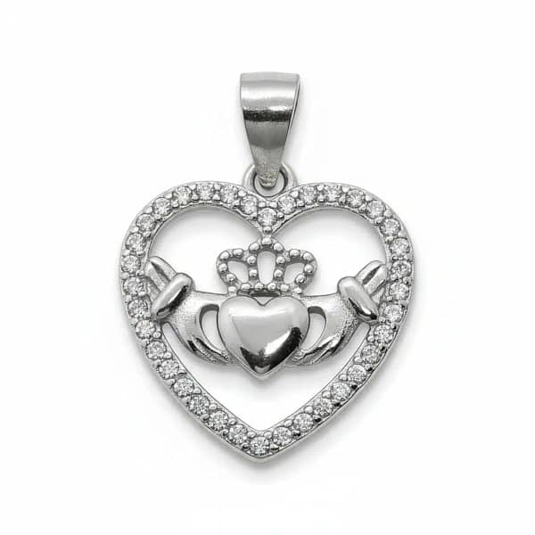 Sterling Silver Heart-Shaped Claddagh Pendant with CZ – 18” Chain - Communion Gifts