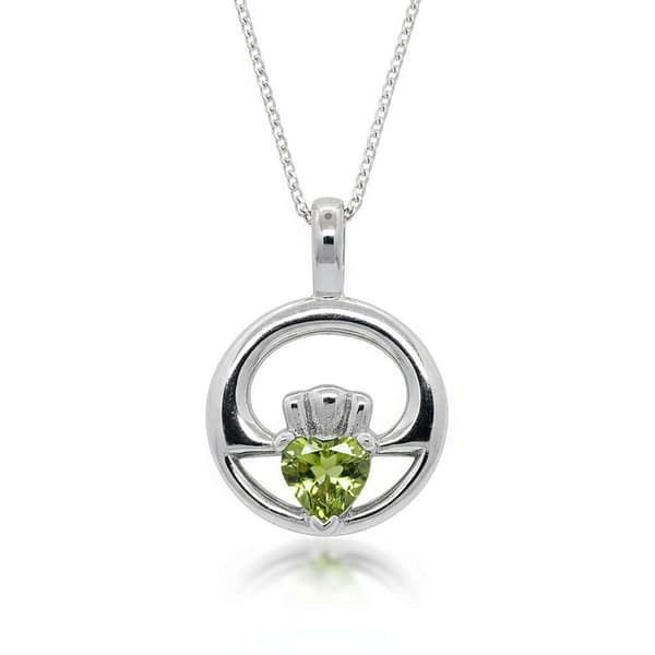 Sterling Silver Claddagh Pendant with Peridot CZ – 18” Chain - Irish Gifts