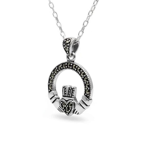 Sterling Silver Claddagh Pendant with Marcasite – 18” Chain - Communion Gifts