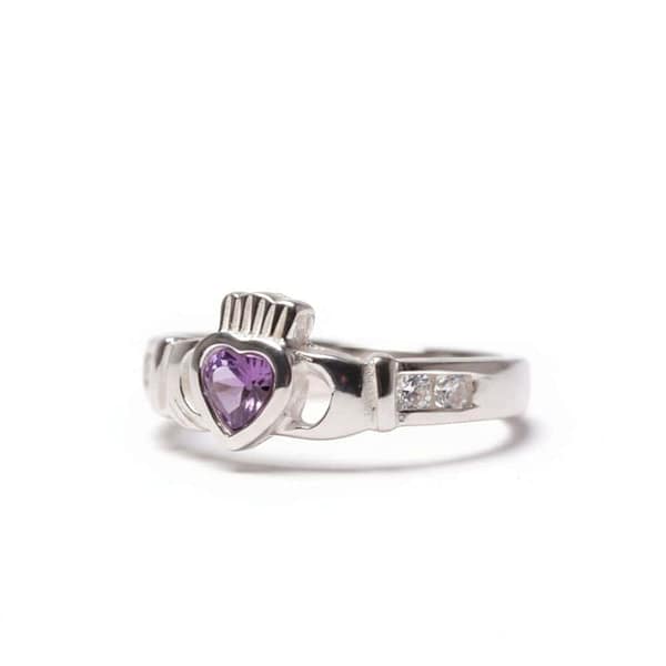 Sterling Silver February Birthstone Claddagh Ring – Amethyst CZ - Irish Gifts