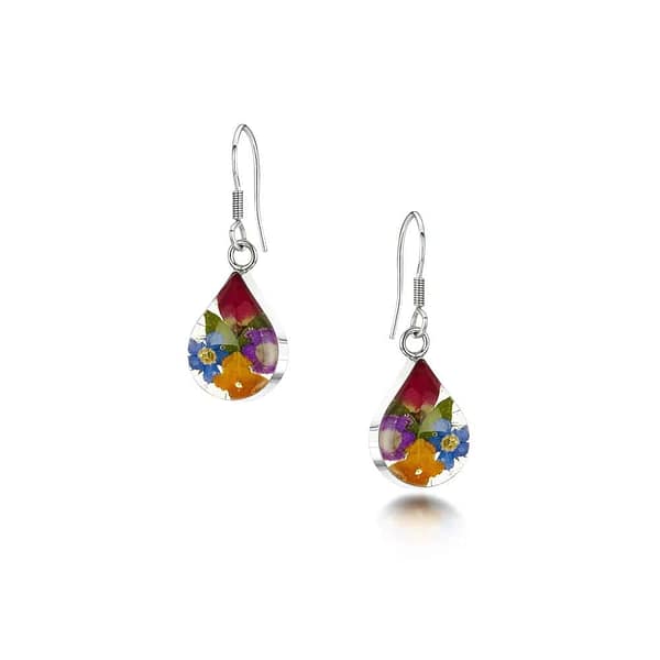 Mixed Flowers Silver Drop Earrings – Small Teardrop Design - Irish Gifts
