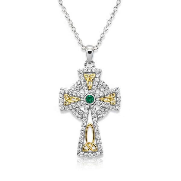 Sterling Silver Celtic Cross with Trinity Knots, Green & White CZ - Irish Gifts