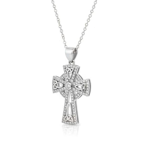 Sterling Silver Celtic Cross with Engraved Trinity Knots White CZ - Irish Gifts