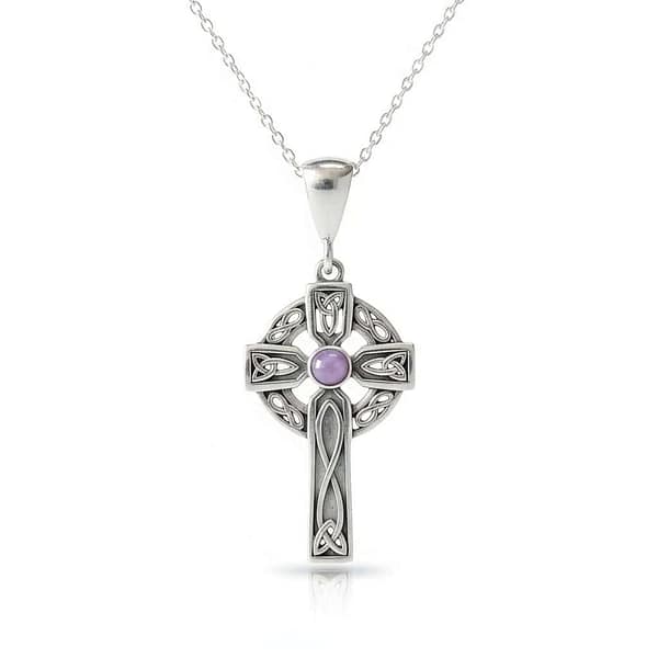 Sterling Silver Celtic Cross with Trinity & Amethyst Stone - Irish Gifts