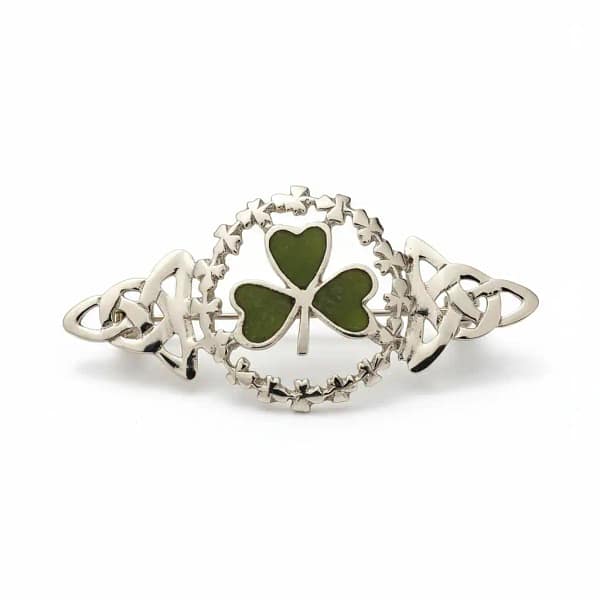 Sterling Silver Connemara Marble Shamrock Brooch – Irish Made - Connemara Marble