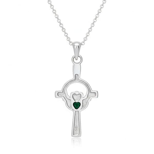 Sterling Silver Celtic Cross with Claddagh and Green Heart - Irish Gifts - Image 1