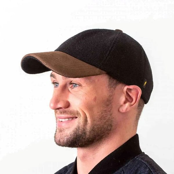 Black Donegal Tweed Baseball Cap with Suede Leather Peak - Hats | Caps | Clothing