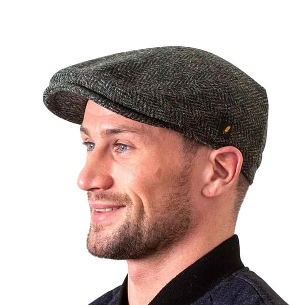 Dark Green Herringbone Donegal Tweed Dubliner Cap - Donegal Tweed