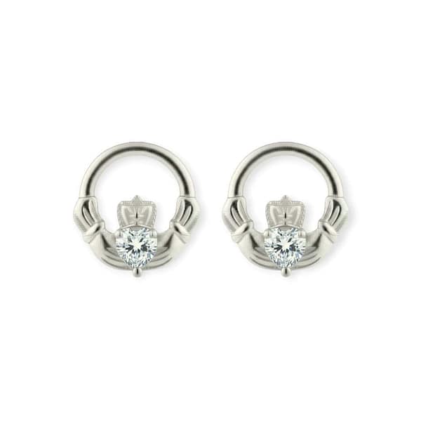 Silver Claddagh April Birthstone Stud Earrings – Clear CZ - Irish Gifts
