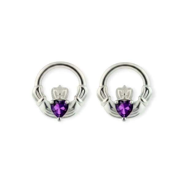 Silver Claddagh February Birthstone Stud Earrings – Amethyst - Irish Gifts