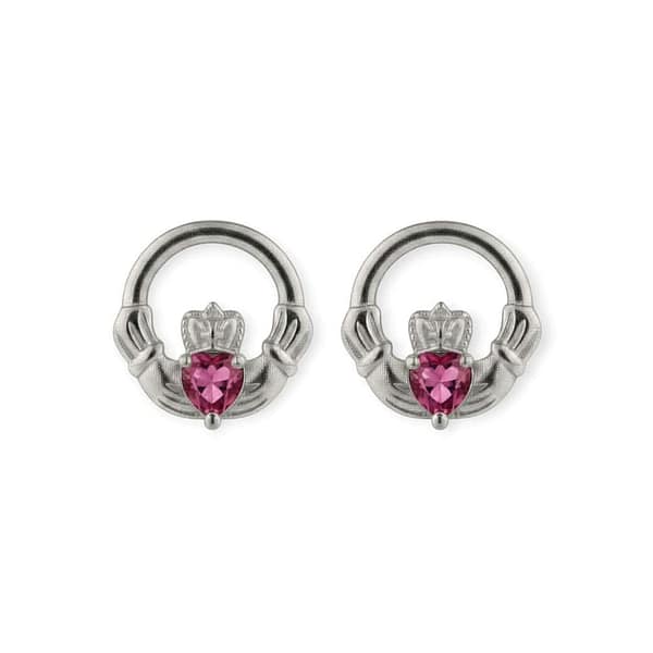 Silver Claddagh July Birthstone Stud Earrings – Ruby - Irish Gifts