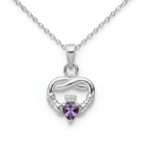 Sterling Silver Claddagh Twist February Pendant – Amethyst CZ - Irish Gifts