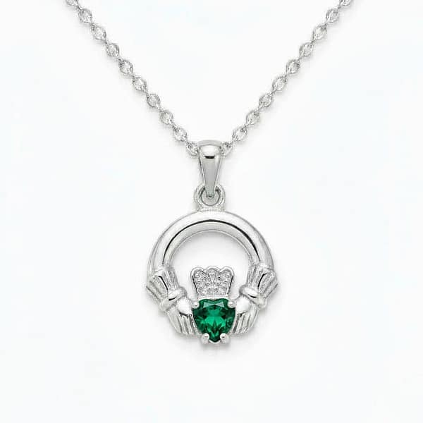 Sterling Silver Round Claddagh May Pendant – Emerald CZ - Irish Gifts