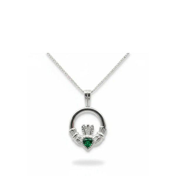 Sterling Silver Claddagh Pendant with Green CZ Stone - Irish Gifts