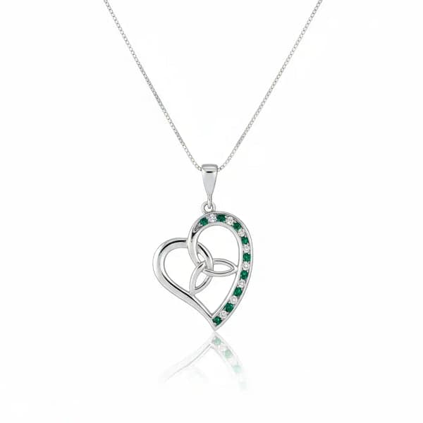 Sterling Silver Heart Pendant with Trinity and Green CZ - Irish Gifts