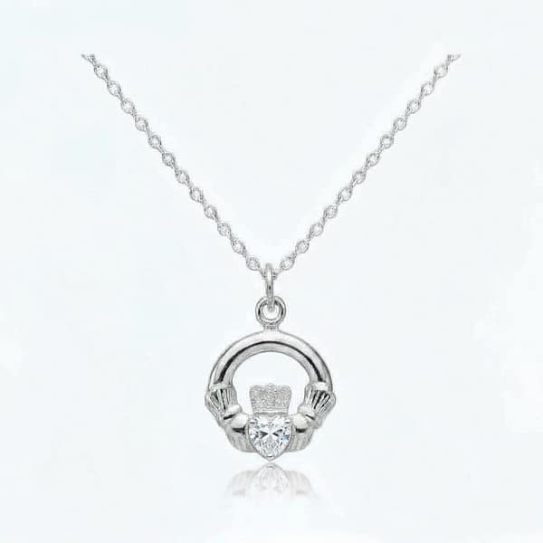 Sterling Silver Claddagh April Birthstone Pendant – Clear CZ - Irish Gifts