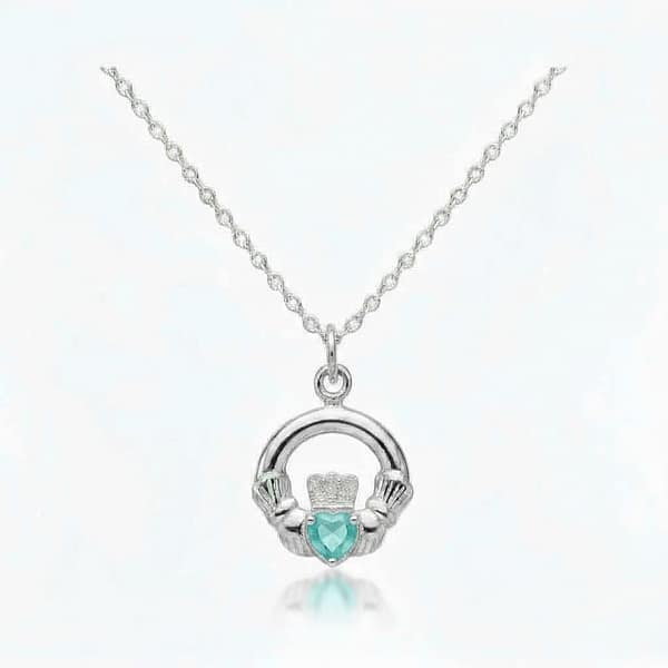 Sterling Silver Claddagh March Birthstone Pendant – Aquamarine CZ - Irish Gifts