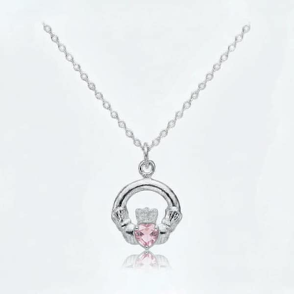 Sterling Silver Claddagh October Birthstone Pendant – Pink CZ - Irish Gifts