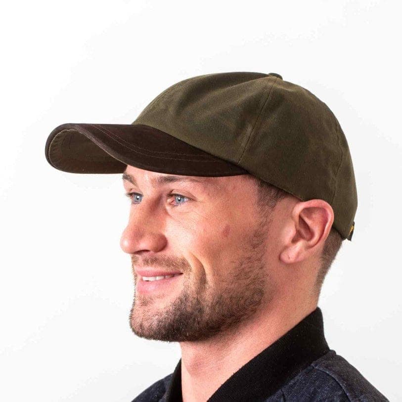 Green Waxed Cotton Baseball Cap with Leather Peak - Baseball Caps
