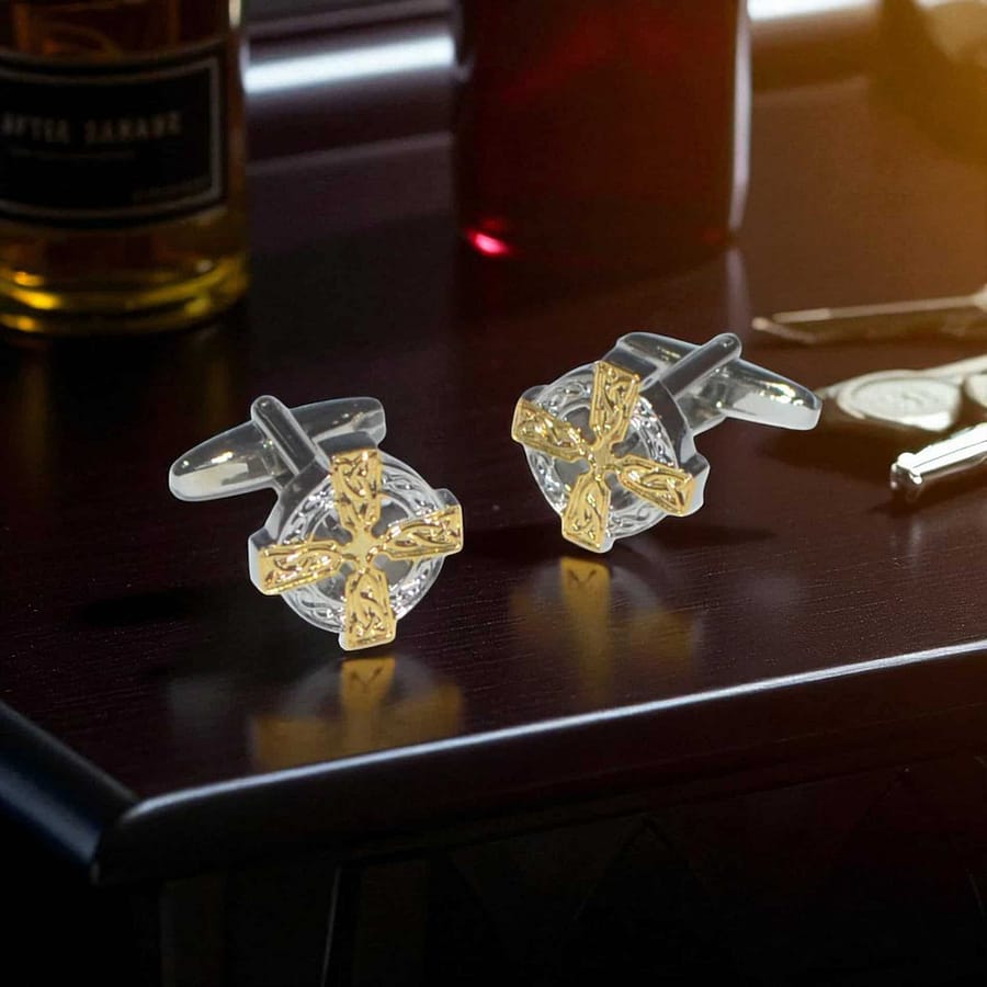 Celtic Cross Cufflinks – Two-Tone Finish - Irish Gifts - Image 1