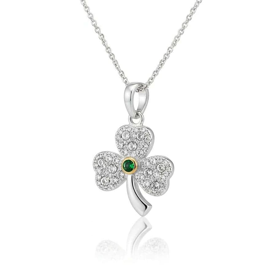 Sterling Silver Shamrock Pendant - Green & White CZ – 18” Chain - Graduation Gifts