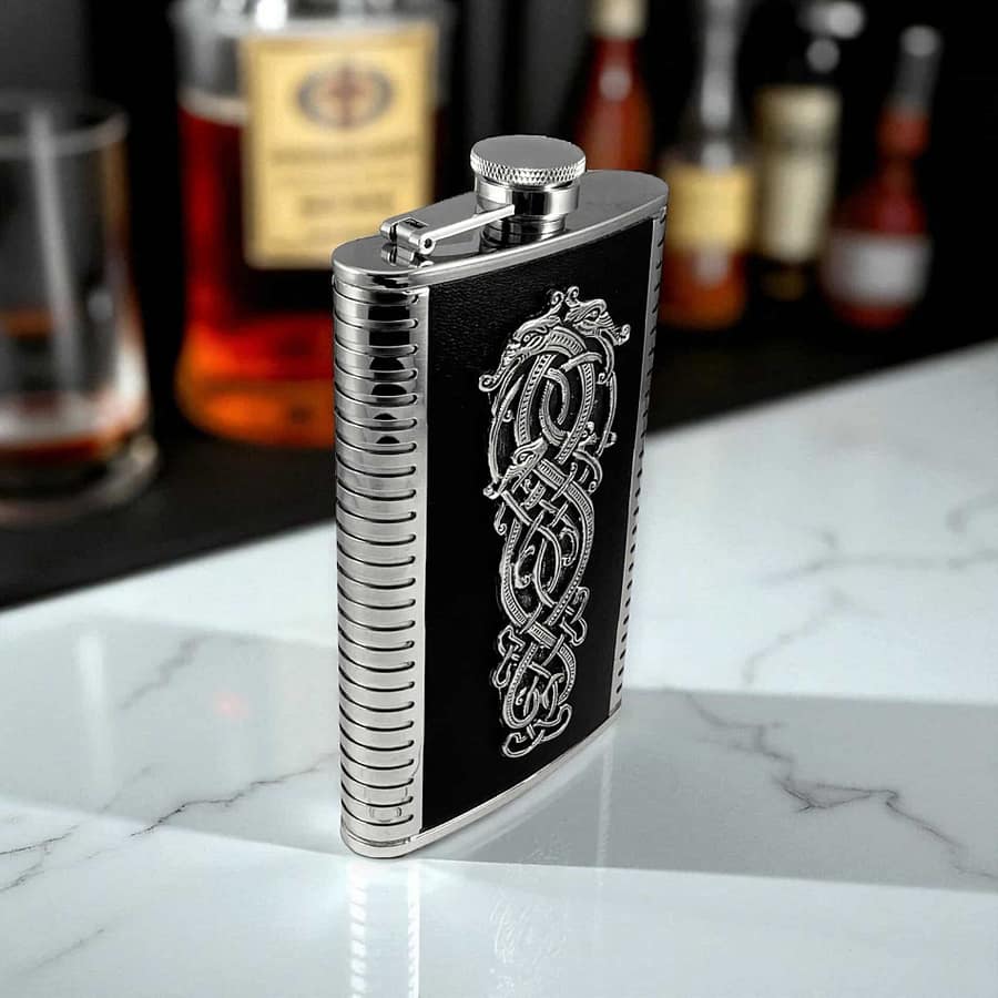 Large Celtic Dragon Leather-Wrapped Irish Hip Flask – 9oz - Irish Bar/Guinness