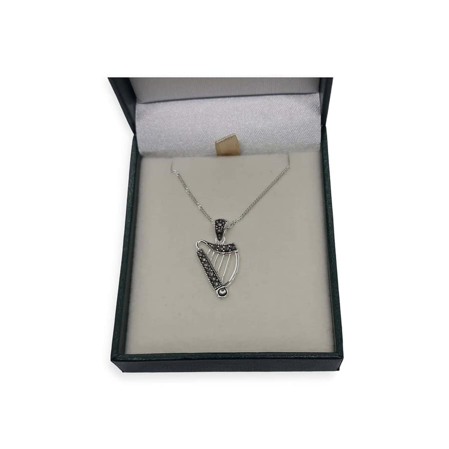 Sterling Silver Irish Harp Pendant with Marcasite Detail - Irish Gifts - Image 2