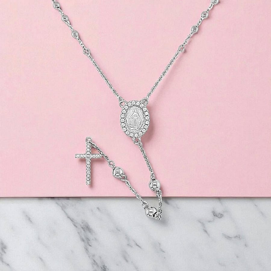 Sterling Silver Rosary Necklace with CZ Cross - Irish Gifts
