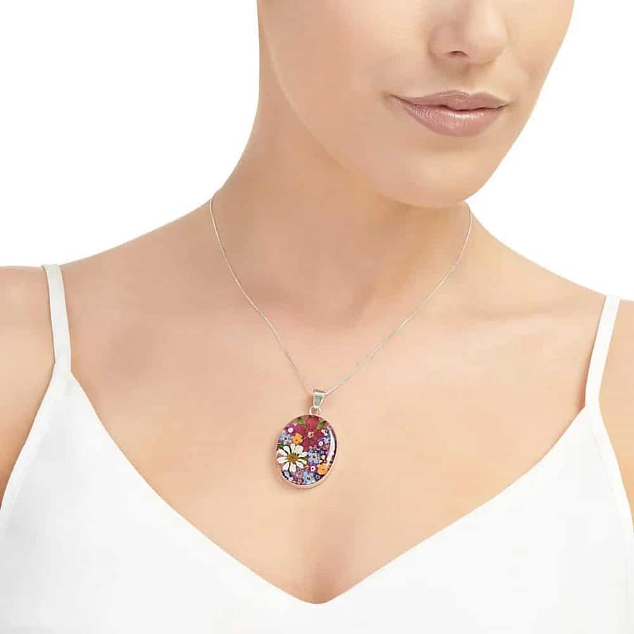 Shrieking Violet Mixed Flowers Large Oval Pendant in Silver - Irish Gifts - Image 1