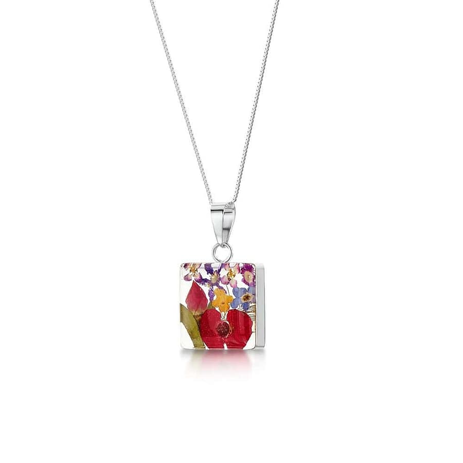 Shrieking Violet Mixed Flowers Square Pendant – Real Flowers in Silver - Irish Gifts