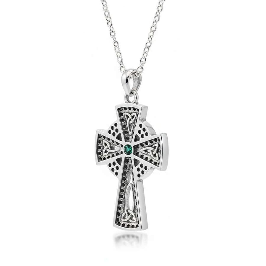 Sterling Silver Celtic Cross with Trinity Knots, Green & White CZ - Irish Gifts - Image 2