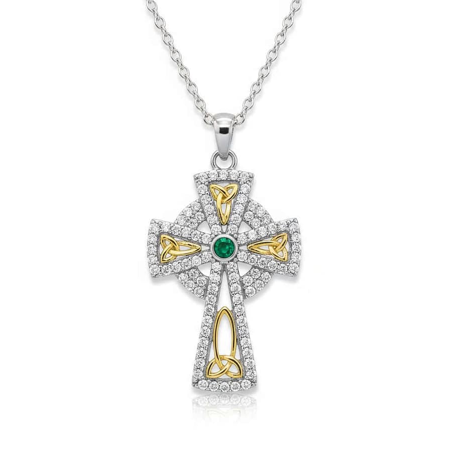 Sterling Silver Celtic Cross with Trinity Knots, Green & White CZ - Irish Gifts