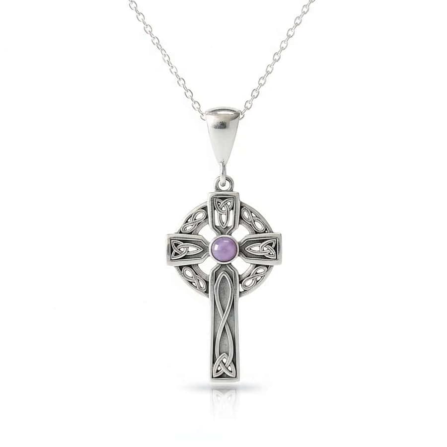 Sterling Silver Celtic Cross with Trinity & Amethyst Stone - Irish Gifts