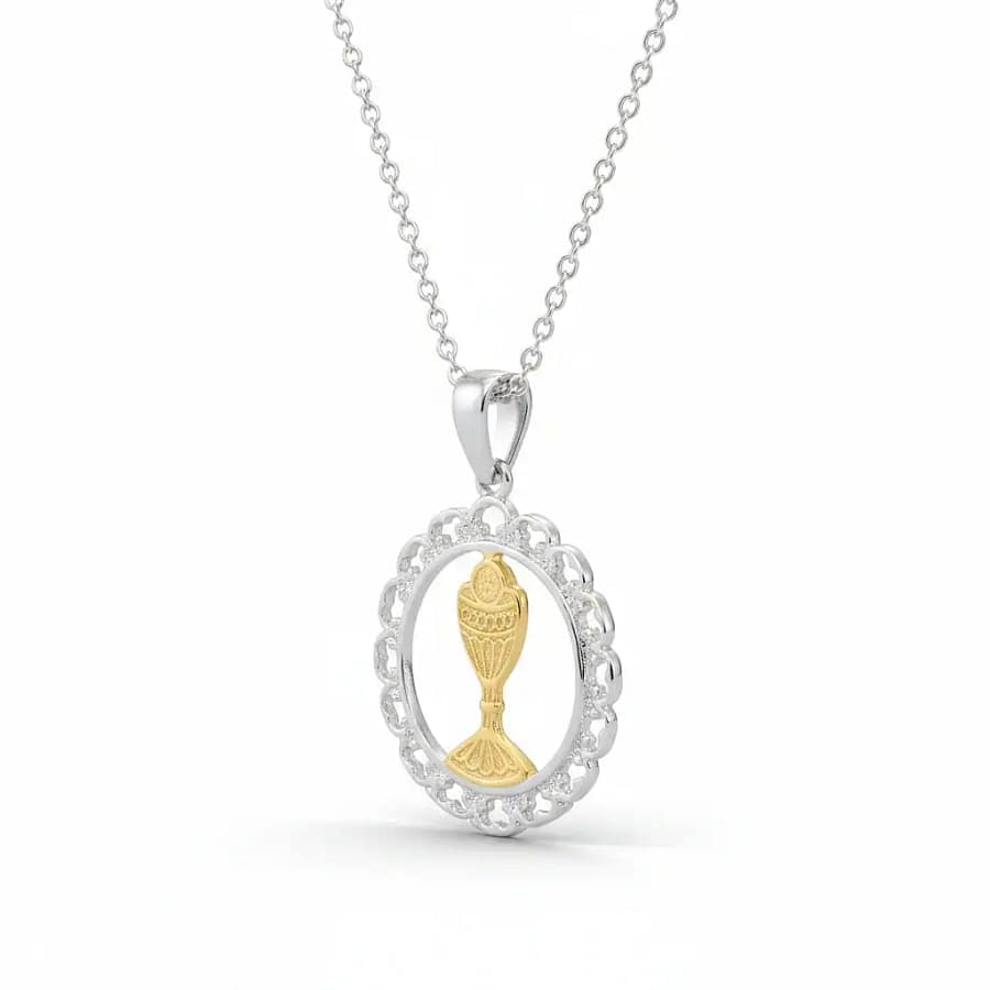 Silver First Communion Medal with Gold-Plated Chalice – 18” Chain - Irish Gifts