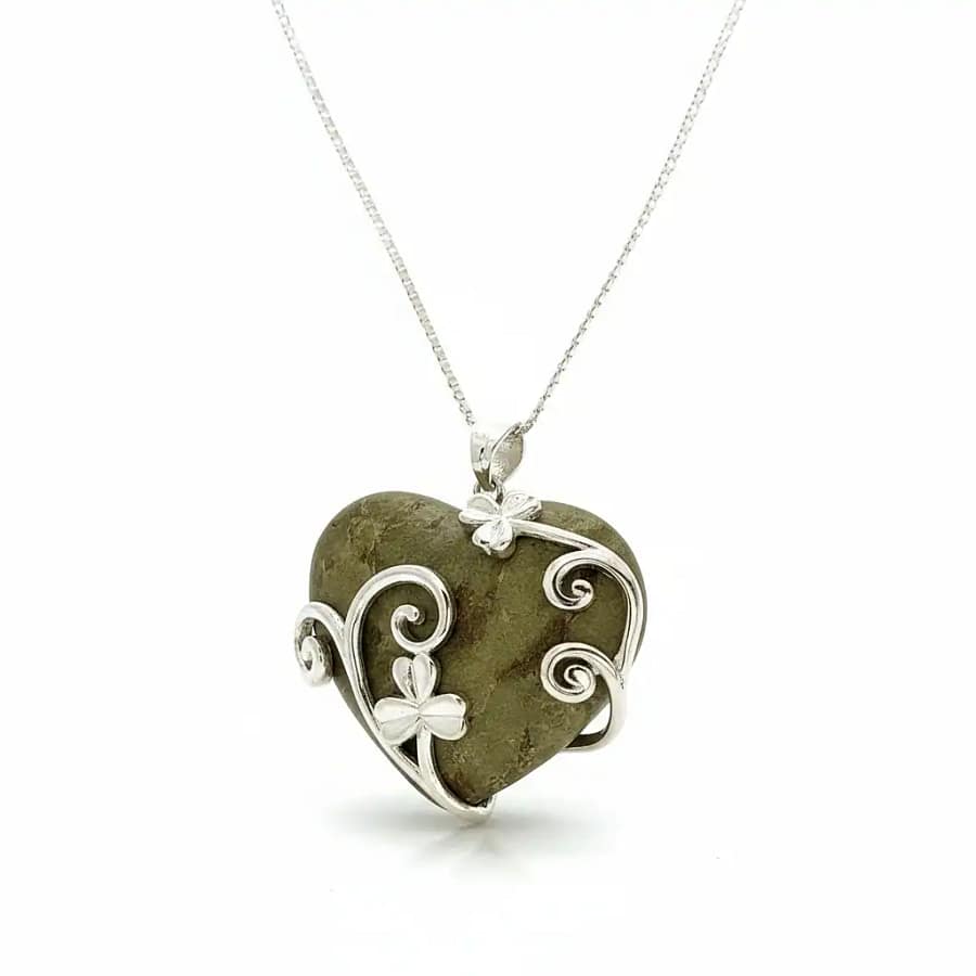 Silver Connemara Marble Heart and Shamrock Pendant – 20” Chain - Connemara Marble - Image 2