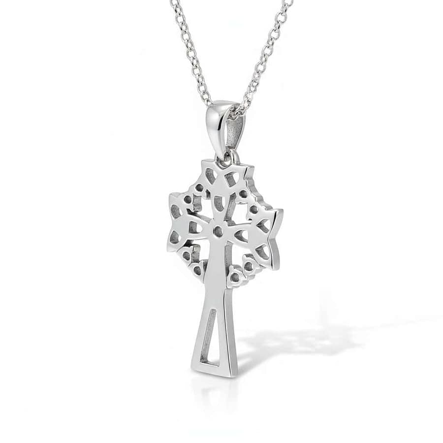 Silver Celtic Cross with Trinity Knots & Green and White Stones - Irish Gifts - Image 1