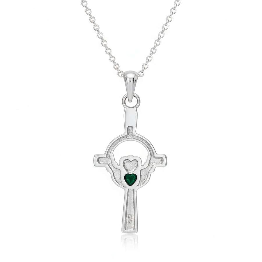 Sterling Silver Celtic Cross with Claddagh and Green Heart - Irish Gifts - Image 1