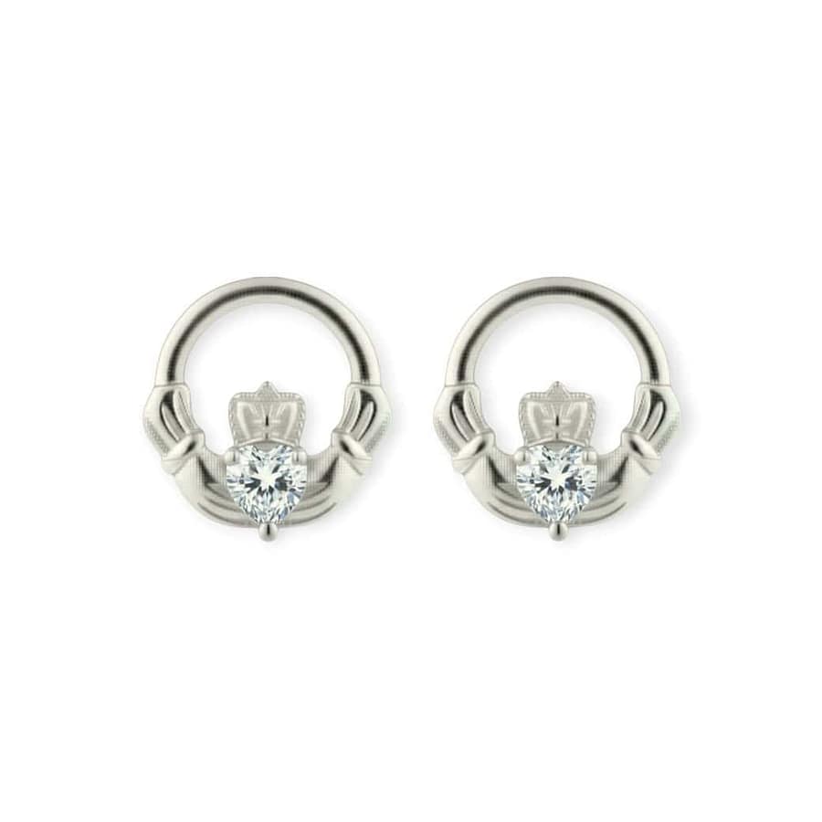 Silver Claddagh April Birthstone Stud Earrings – Clear CZ - Irish Gifts