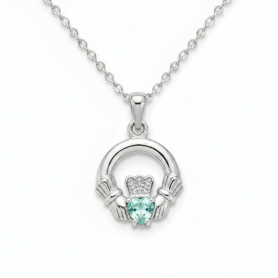 Sterling Silver Round Claddagh March Pendant – Aquamarine CZ - Irish Gifts