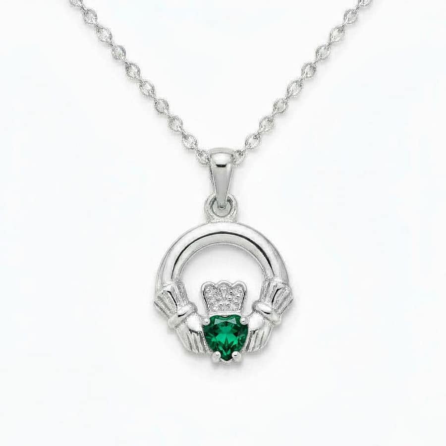 Sterling Silver Round Claddagh May Pendant – Emerald CZ - Irish Gifts