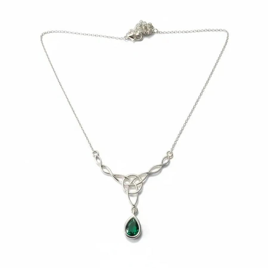 Sterling Silver Celtic Knot Necklet with Green Dropper - Irish Gifts - Image 1