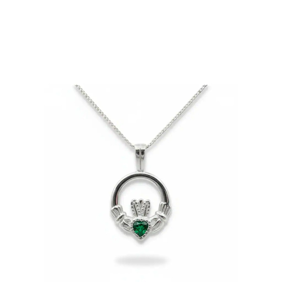 Sterling Silver Claddagh Pendant with Green CZ Stone - Irish Gifts
