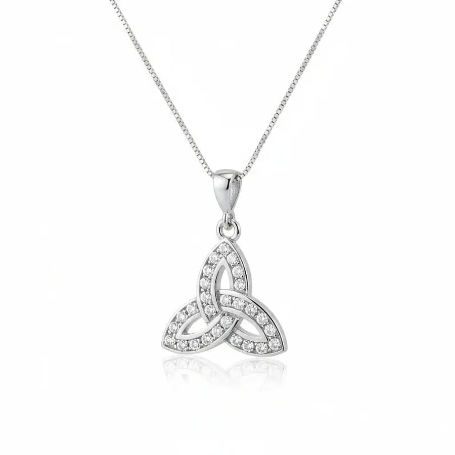 Sterling Silver Trinity Knot Necklace with White CZ Stones - Irish Gifts
