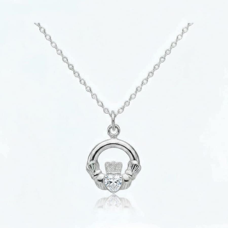 Sterling Silver Claddagh April Birthstone Pendant – Clear CZ - Irish Gifts