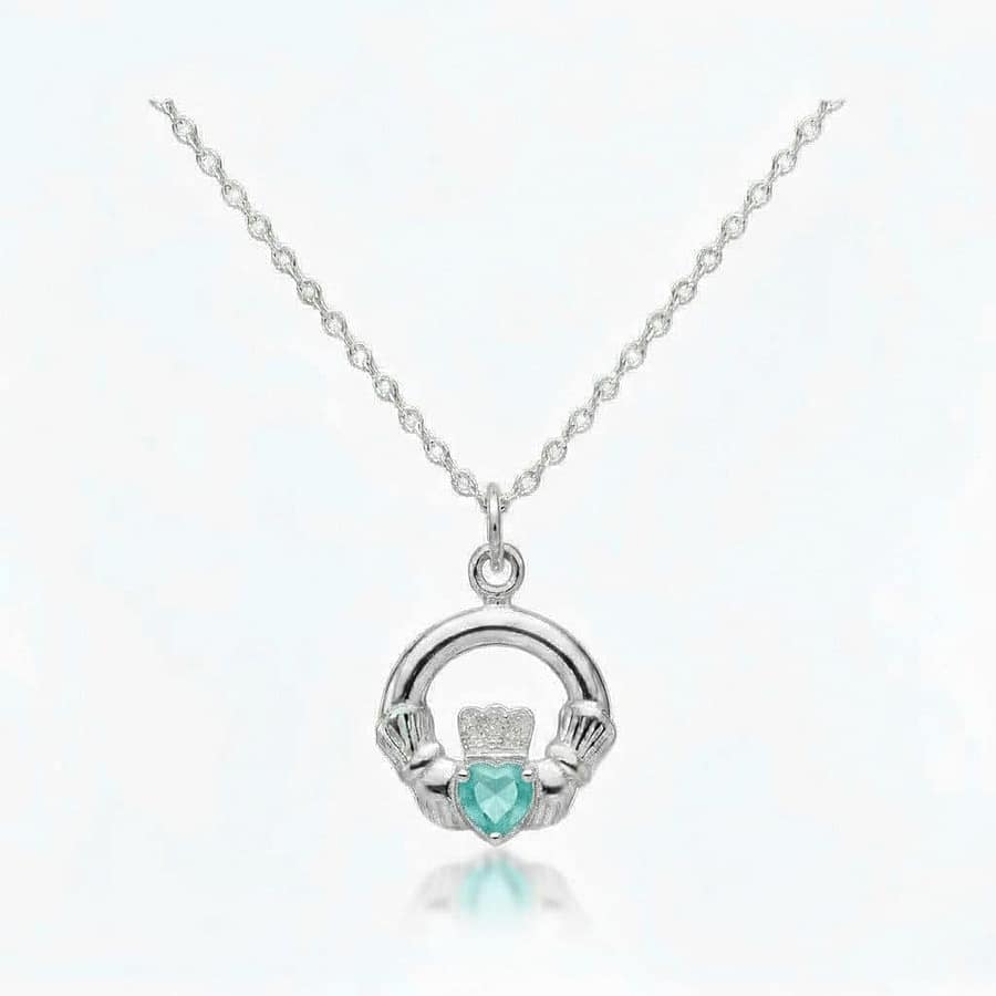 Sterling Silver Claddagh March Birthstone Pendant – Aquamarine CZ - Irish Gifts