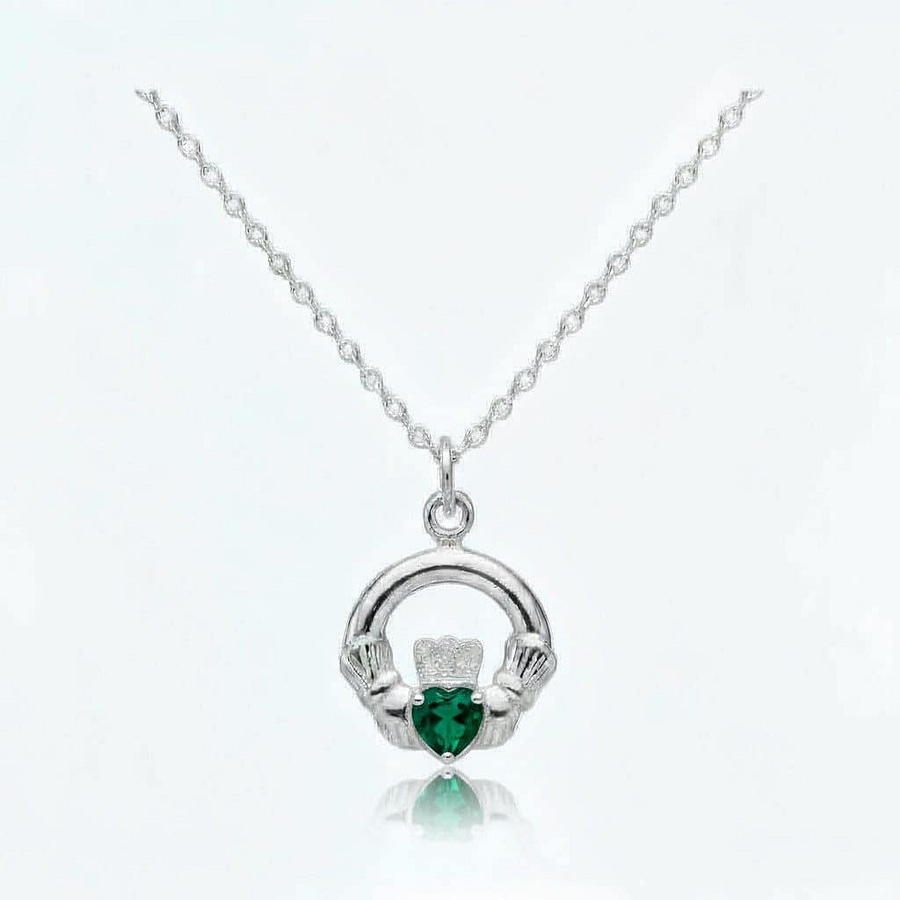 Sterling Silver Claddagh May Birthstone Pendant – Emerald CZ - Irish Gifts